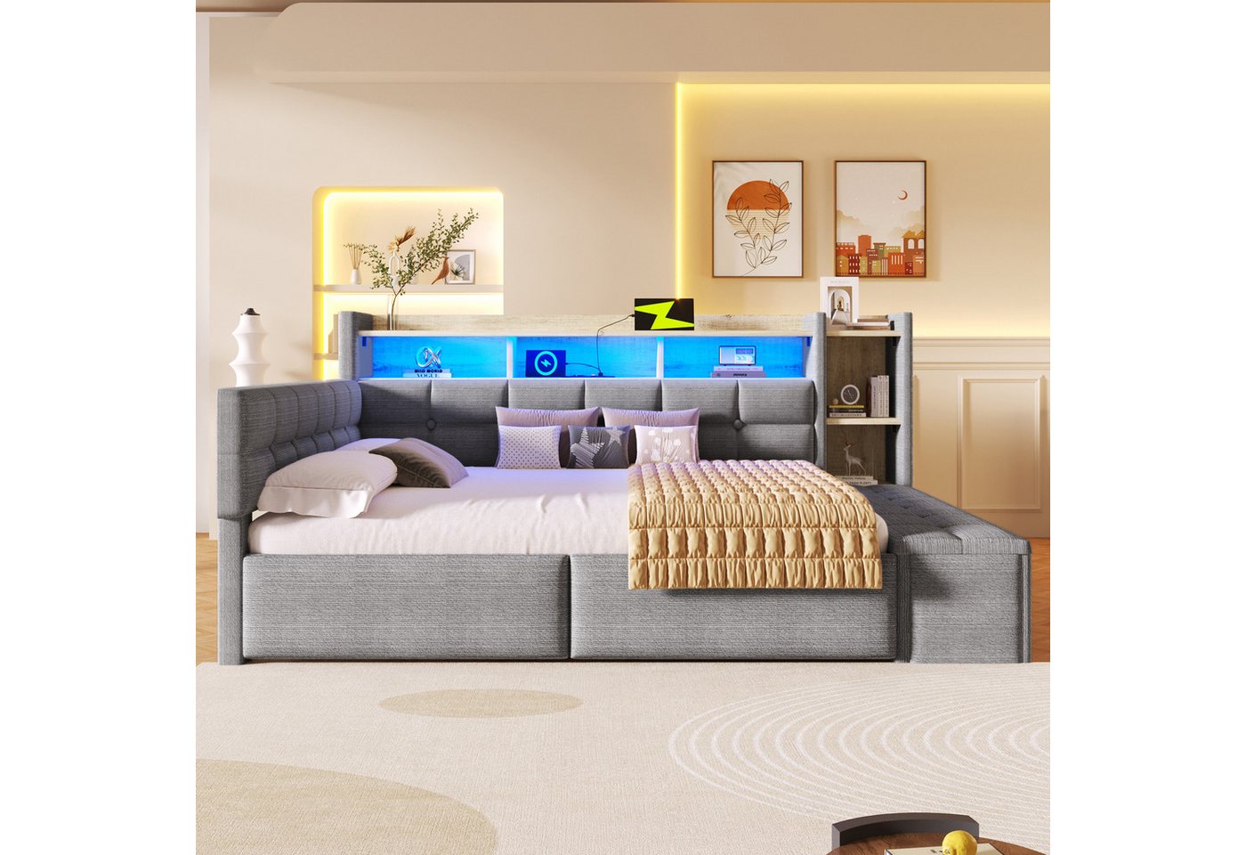 Merax Daybett mit LED Lichtleiste, USB & Typ-C, Samt (Schlafsofa Sofabett Jugendbett Kinderbett, 1 tlg), Tagesbett 140x190cm mit Schubladen,Ablagefach,Stauraumb – Bild 2 von 5