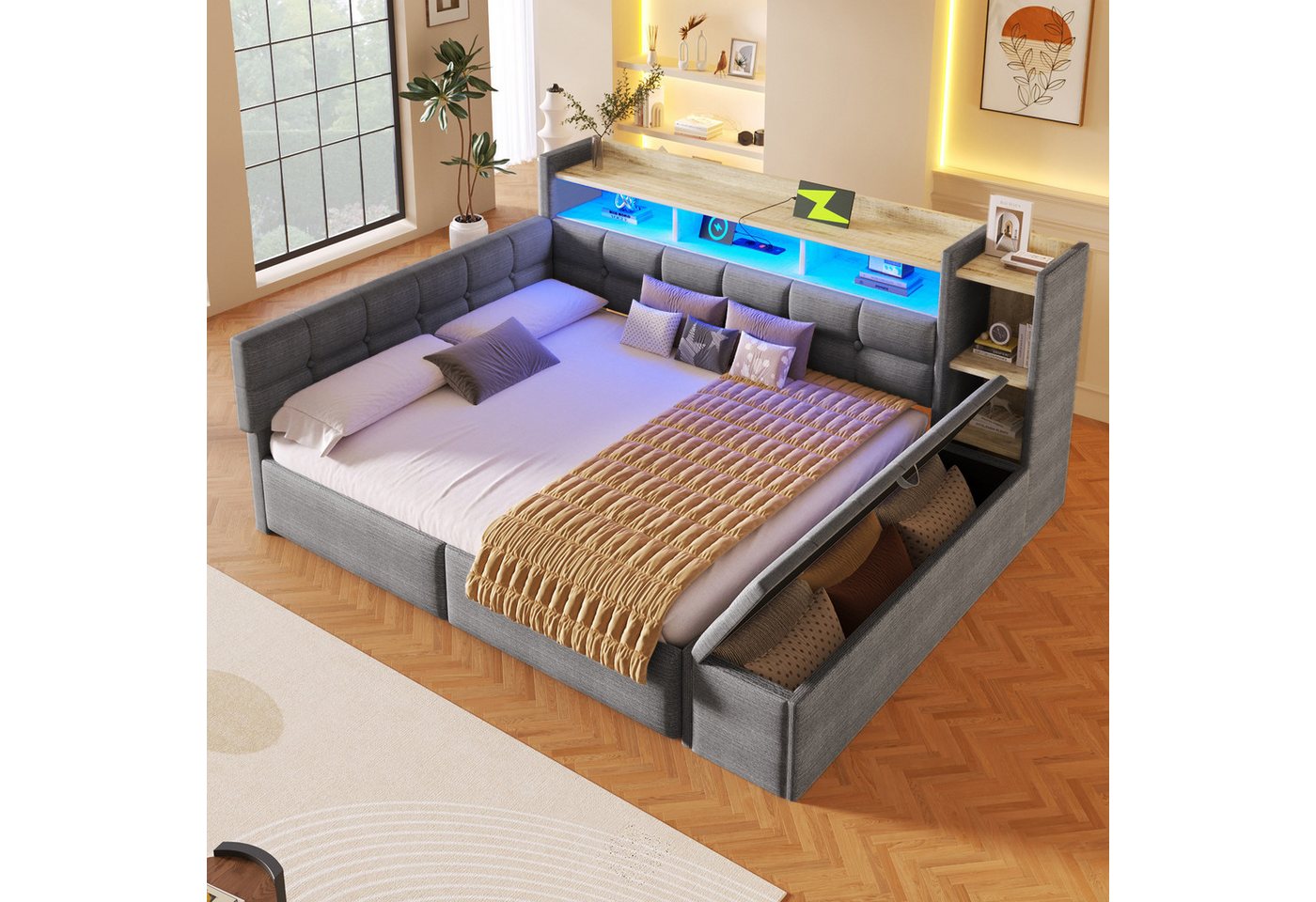 Merax Daybett mit LED Lichtleiste, USB & Typ-C, Samt (Schlafsofa Sofabett Jugendbett Kinderbett, 1 tlg), Tagesbett 140x190cm mit Schubladen,Ablagefach,Stauraumb – Bild 3 von 5