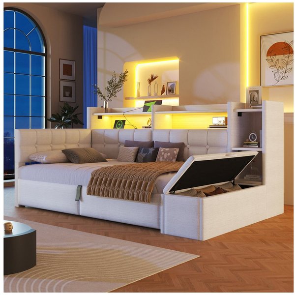 Merax Daybett mit LED Lichtleiste, USB, Typ-C & Bettkasten, Samt (Schlafsofa Sofabett Jugendbett Kinderbett Einzelbett, 1 tlg), Tagesbett 90x200cm mit hydraulis