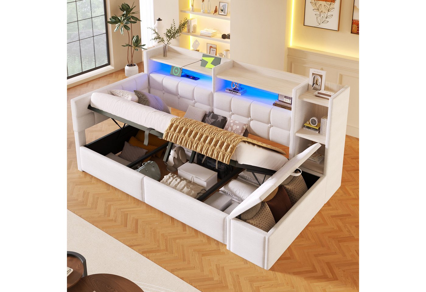 Merax Daybett mit LED Lichtleiste, USB, Typ-C & Bettkasten, Samt (Schlafsofa Sofabett Jugendbett Kinderbett Einzelbett, 1 tlg), Tagesbett 90x200cm mit hydraulis – Bild 2 von 5