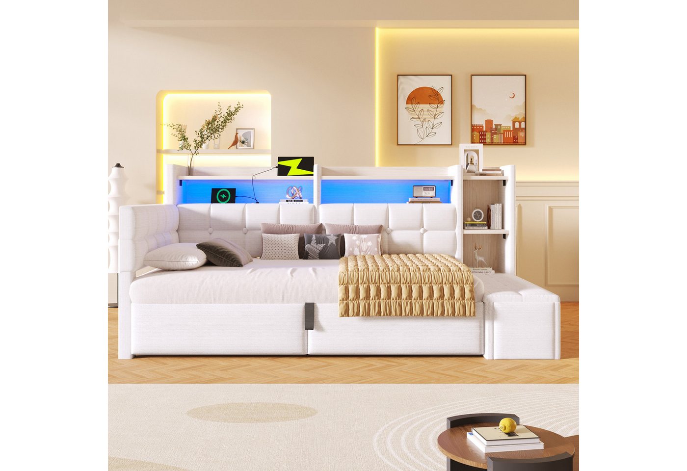 Merax Daybett mit LED Lichtleiste, USB, Typ-C & Bettkasten, Samt (Schlafsofa Sofabett Jugendbett Kinderbett Einzelbett, 1 tlg), Tagesbett 90x200cm mit hydraulis – Bild 3 von 5