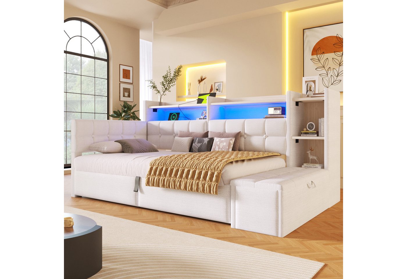 Merax Daybett mit LED Lichtleiste, USB, Typ-C & Bettkasten, Samt (Schlafsofa Sofabett Jugendbett Kinderbett Einzelbett, 1 tlg), Tagesbett 90x200cm mit hydraulis – Bild 4 von 5