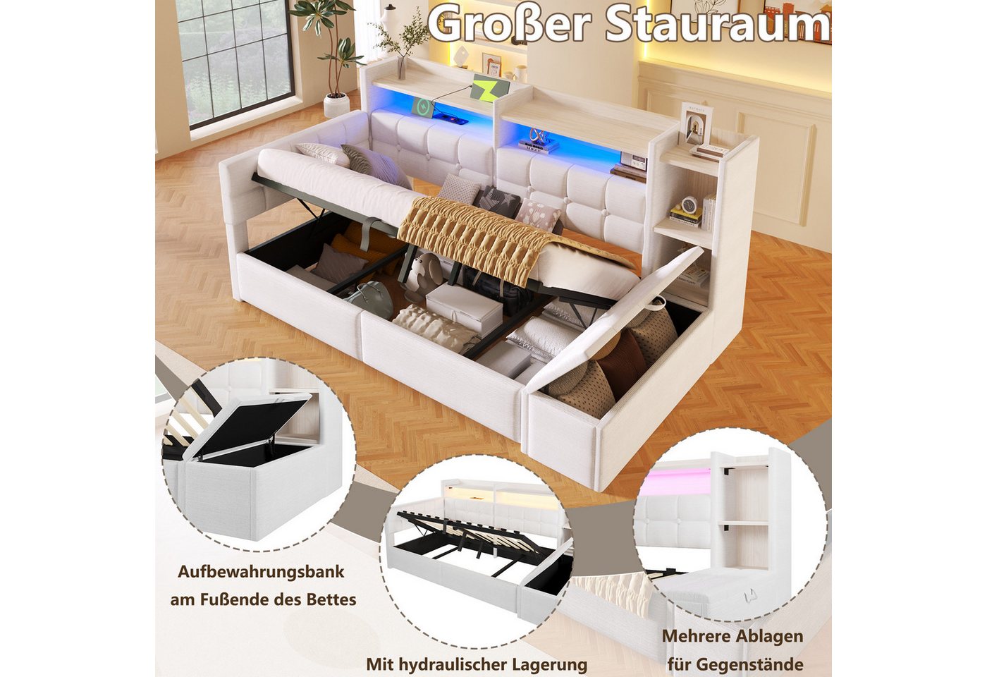 Merax Daybett mit LED Lichtleiste, USB, Typ-C & Bettkasten, Samt (Schlafsofa Sofabett Jugendbett Kinderbett Einzelbett, 1 tlg), Tagesbett 90x200cm mit hydraulis – Bild 5 von 5