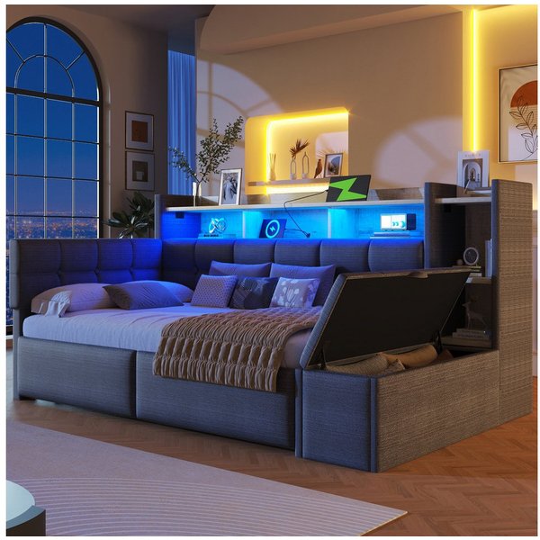 Merax Daybett mit LED Lichtleiste, USB & Typ-C, Samt (Schlafsofa Sofabett Jugendbett Kinderbett, 1 tlg)