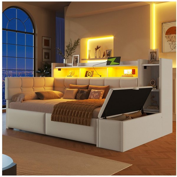 Merax Daybett mit LED Lichtleiste, USB & Typ-C, Samt (Schlafsofa Sofabett Jugendbett Kinderbett, 1 tlg), Tagesbett 90x190cm mit 2 Schubladen,Ablagefach,Stauraum
