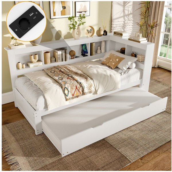 Merax Daybett mit Steckdose und 2 USB-Anschlüssen (Kiefer Sofabett Kinderbett Jugendbett, 1 tlg), Schlafsofa Tagesbett 90x200cm mit Ausziehbett 90x190cm & Stauf