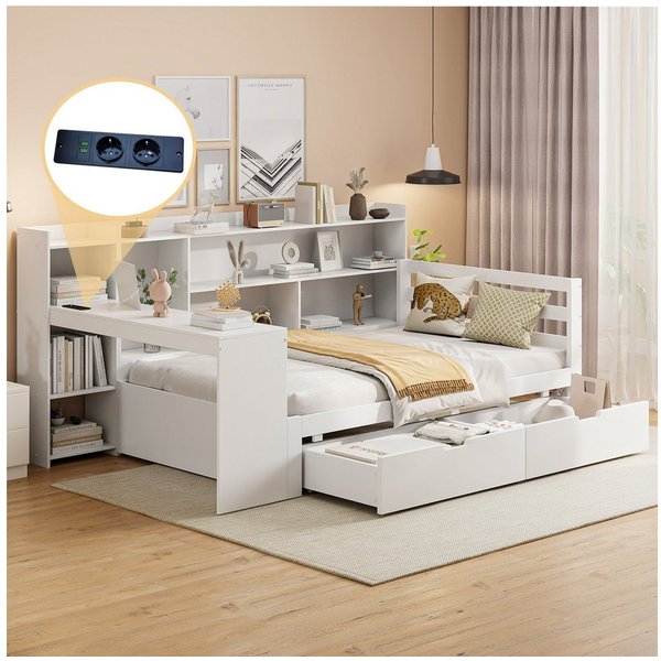 Merax Daybett mit USB-Ladeanschluss (Multifunktionales Schlafsofa Tagesbett aus Massivholz, 1 tlg), Kinderbett mit Ablagefächern, Schreibtisch und Regalen, 90x2