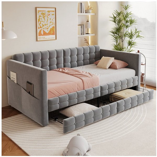 Merax Daybett Polsterbett mit klassischem Karomuster (Schlafsofa Sofabett Jugendbett Kinderbett, 1 tlg), Tagesbett 90x190cm mit seitlichen Staufächern, 2 Schubl