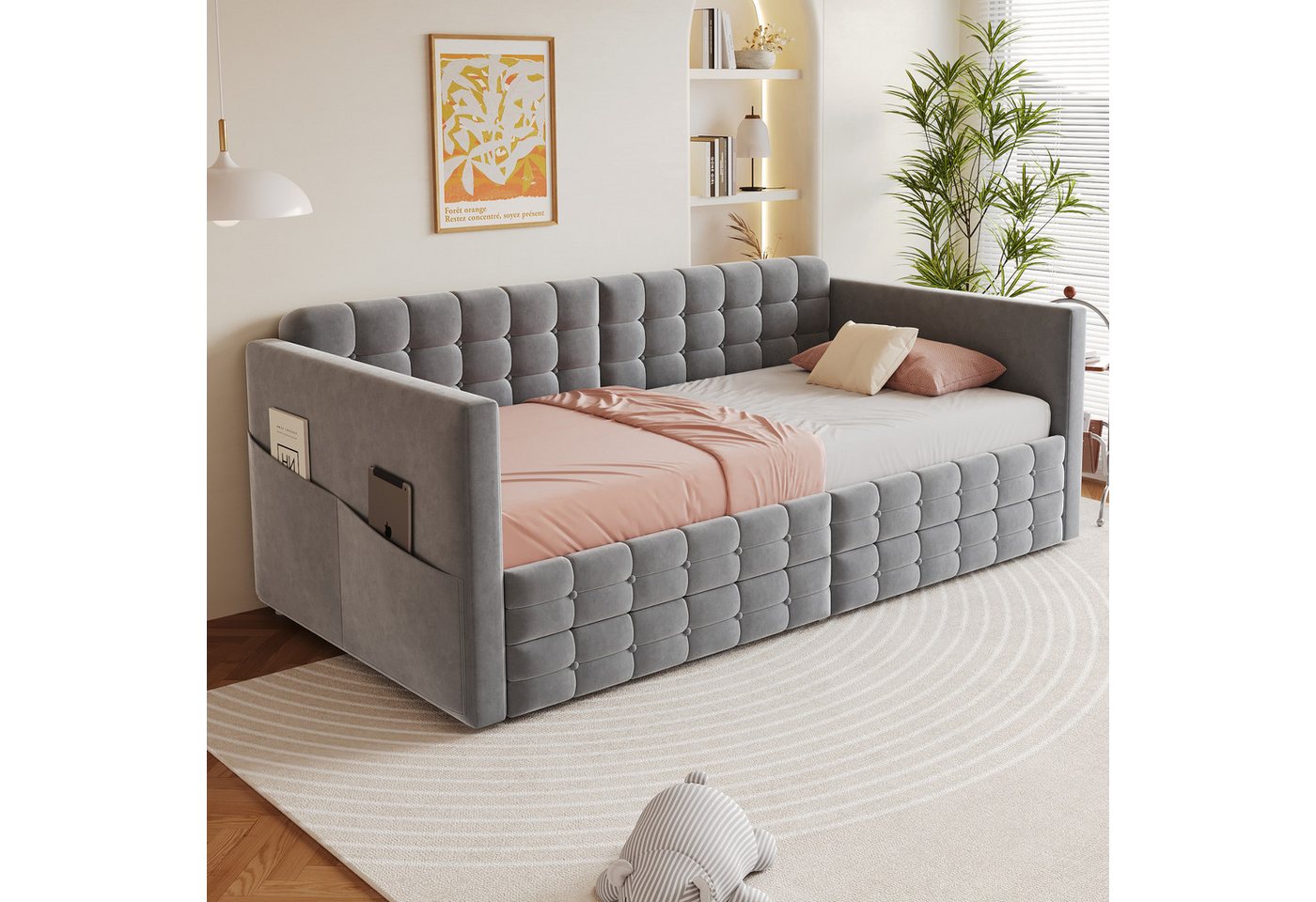 Merax Daybett Polsterbett mit klassischem Karomuster (Schlafsofa Sofabett Jugendbett Kinderbett, 1 tlg), Tagesbett 90x190cm mit seitlichen Staufächern, 2 Schubl – Bild 3 von 5