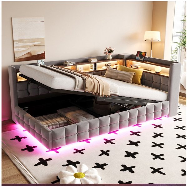 Merax Daybett Polsterbett mit LED-Lichtleiste, Steckdose und USB & Typ-C Anschlüssen (Jugendbett Einzelbett Sofabett, 1 tlg), Tagesbett 90x200cm mit hydraulisch