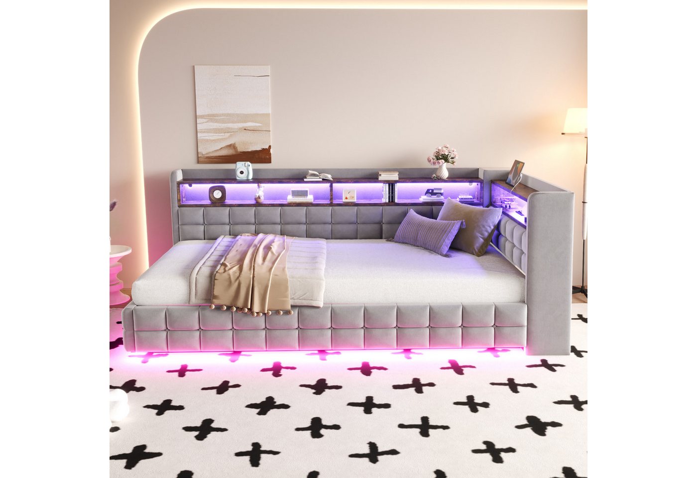 Merax Daybett Polsterbett mit LED-Lichtleiste, Steckdose und USB & Typ-C Anschlüssen (Jugendbett Einzelbett Sofabett, 1 tlg), Tagesbett 90x200cm mit hydraulisch – Bild 2 von 5
