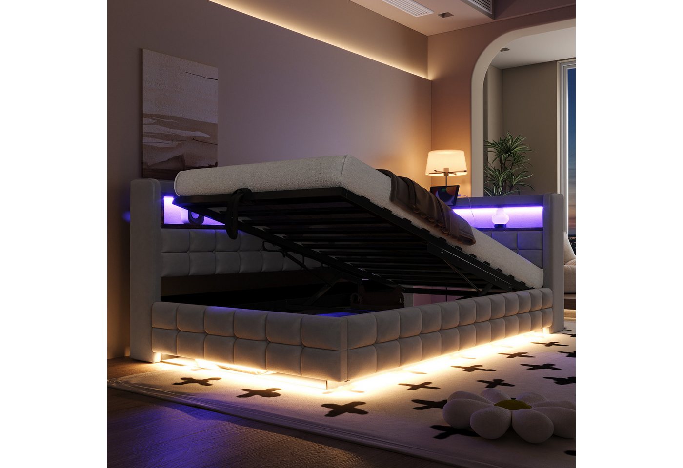 Merax Daybett Polsterbett mit LED-Lichtleiste, Steckdose und USB & Typ-C Anschlüssen (Jugendbett Einzelbett Sofabett, 1 tlg), Tagesbett 90x200cm mit hydraulisch – Bild 3 von 5