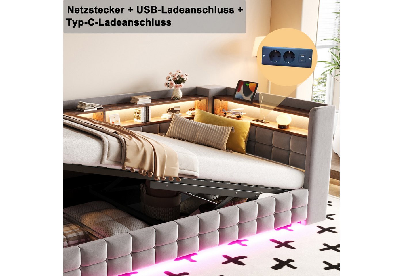 Merax Daybett Polsterbett mit LED-Lichtleiste, Steckdose und USB & Typ-C Anschlüssen (Jugendbett Einzelbett Sofabett, 1 tlg), Tagesbett 90x200cm mit hydraulisch – Bild 4 von 5