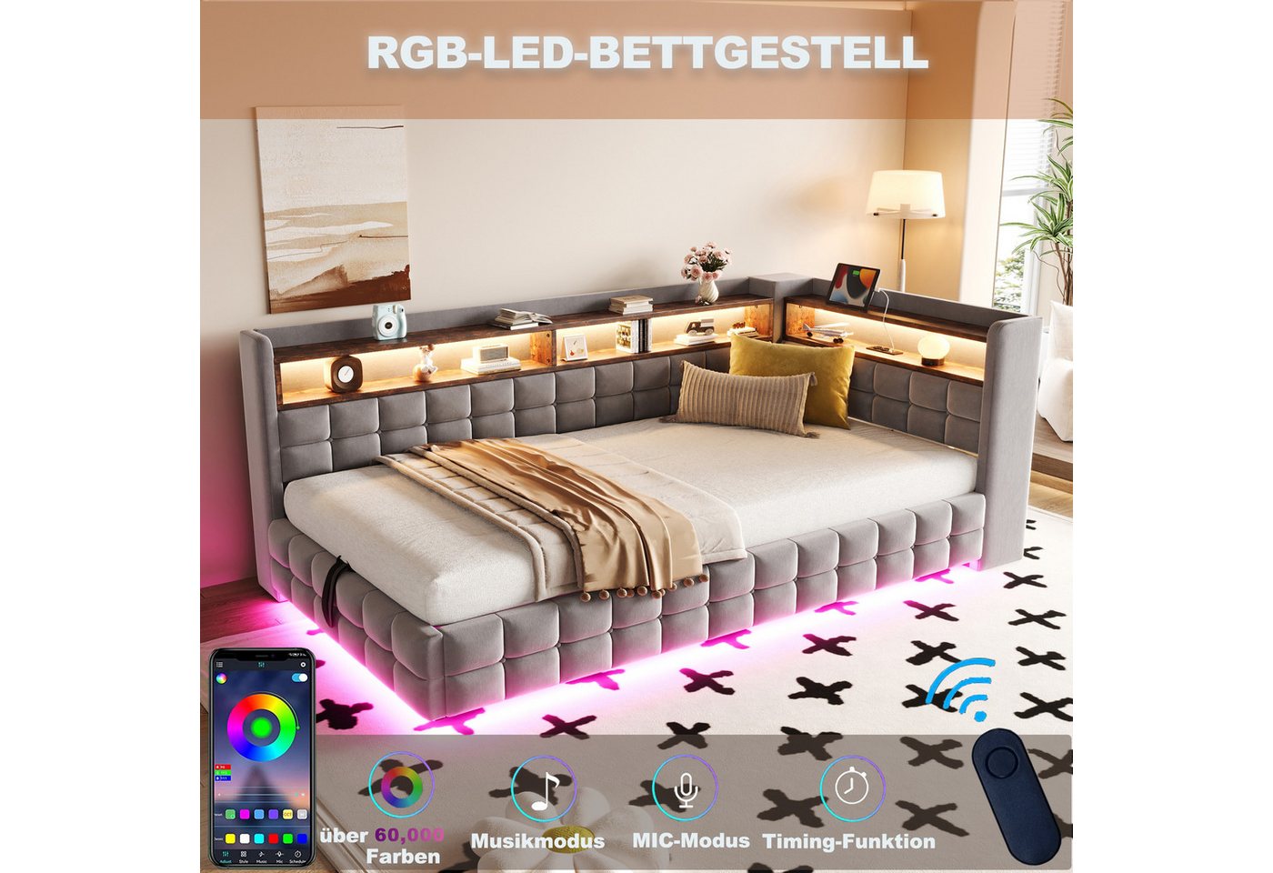 Merax Daybett Polsterbett mit LED-Lichtleiste, Steckdose und USB & Typ-C Anschlüssen (Jugendbett Einzelbett Sofabett, 1 tlg), Tagesbett 90x200cm mit hydraulisch – Bild 5 von 5