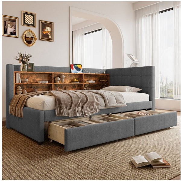 Merax Daybett Schlafsofa mit USB- & Typ-C-Anschlüssen (Leinen Sofabett Kinderbett Jugendbett Polsterbett, 1 tlg), Tagesbett 90x200cm mit 2 Schubladen, Ablageflä