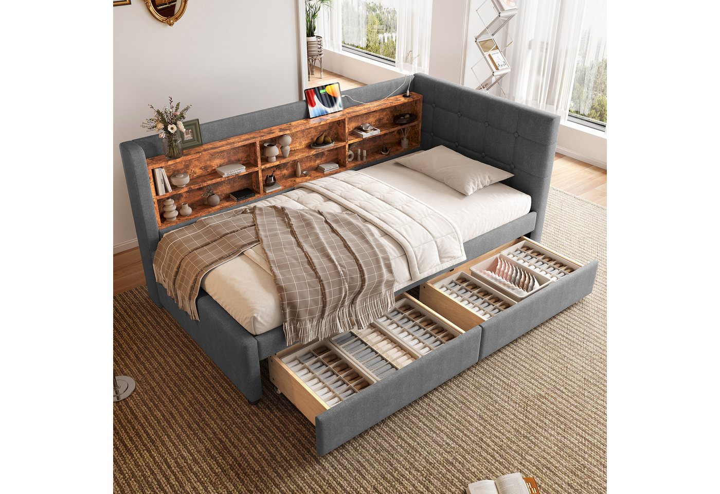 Merax Daybett Schlafsofa mit USB- & Typ-C-Anschlüssen (Leinen Sofabett Kinderbett Jugendbett Polsterbett, 1 tlg), Tagesbett 90x200cm mit 2 Schubladen, Ablageflä – Bild 2 von 5