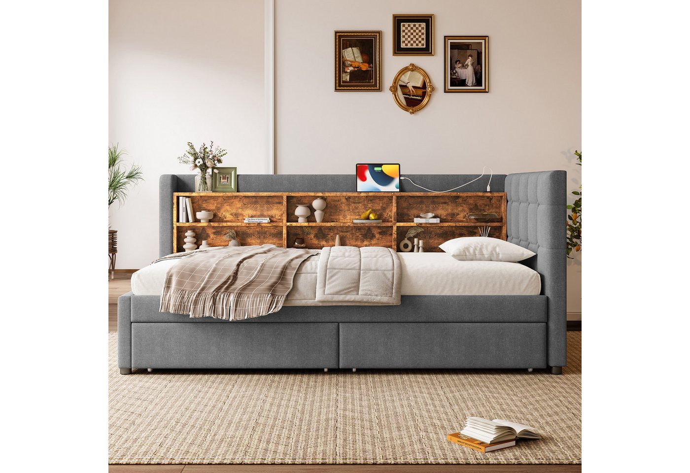 Merax Daybett Schlafsofa mit USB- & Typ-C-Anschlüssen (Leinen Sofabett Kinderbett Jugendbett Polsterbett, 1 tlg), Tagesbett 90x200cm mit 2 Schubladen, Ablageflä – Bild 3 von 5