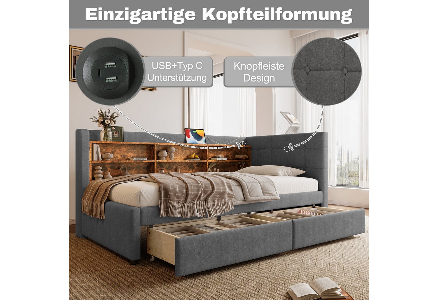 Merax Daybett Schlafsofa mit USB- & Typ-C-Anschlüssen (Leinen Sofabett Kinderbett Jugendbett Polsterbett, 1 tlg), Tagesbett 90x200cm mit 2 Schubladen, Ablageflä – Bild 4 von 5