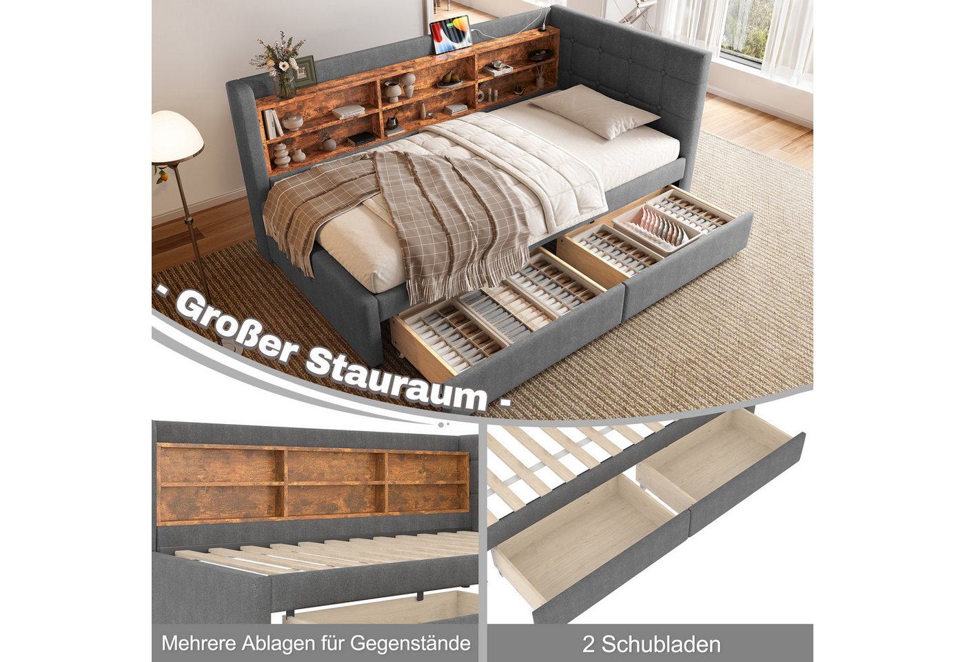 Merax Daybett Schlafsofa mit USB- & Typ-C-Anschlüssen (Leinen Sofabett Kinderbett Jugendbett Polsterbett, 1 tlg), Tagesbett 90x200cm mit 2 Schubladen, Ablageflä – Bild 5 von 5