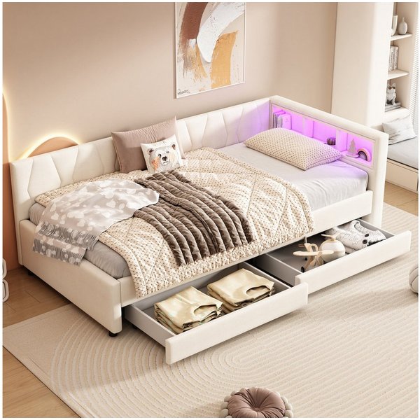 Merax Daybett (Schlafsofa Polsterbett, 1 tlg), Tagesbett 90x200cm mit LED, USB-C & Schubladen, Leinen