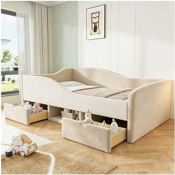 Merax Daybett (Schlafsofa Sofabett Jugendbett Einzelbett, 1 tlg), Polsterbett 90x190cm mit 2 Schubladen & Schutzgeländer,Kinderbett Samt