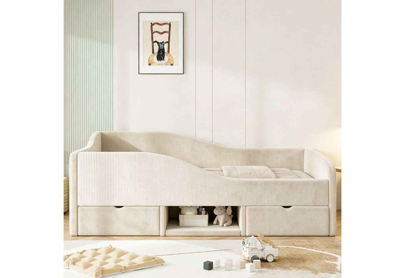 Merax Daybett (Schlafsofa Sofabett Jugendbett Einzelbett, 1 tlg), Polsterbett 90x190cm mit 2 Schubladen & Schutzgeländer,Kinderbett Samt – Bild 2 von 5