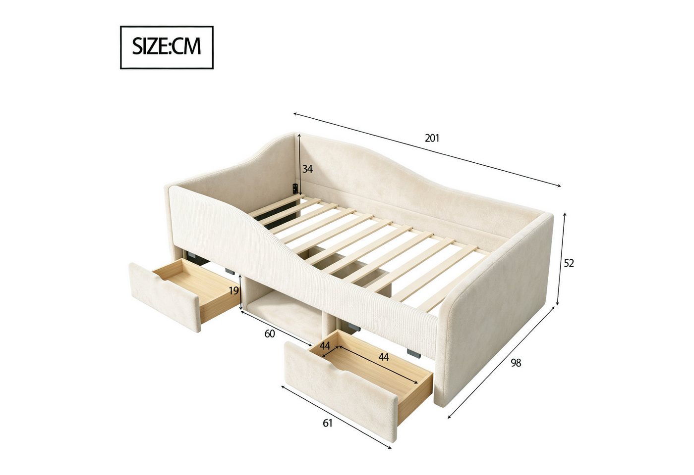Merax Daybett (Schlafsofa Sofabett Jugendbett Einzelbett, 1 tlg), Polsterbett 90x190cm mit 2 Schubladen & Schutzgeländer,Kinderbett Samt – Bild 3 von 5
