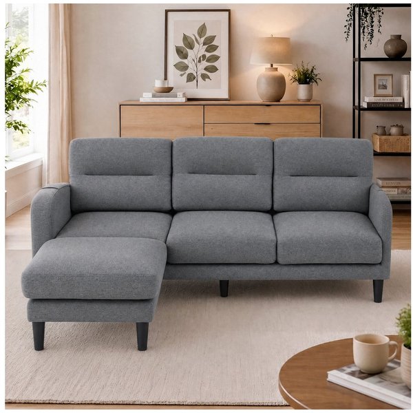 Merax Ecksofa 3-Sitzer Sofa L-Form Couch mit Chaiselongue, 204 × 136 × 80 cm 1 Teile, Modulares Sofa mit Aufbewahrungstasche, Hocker & Armlehnen