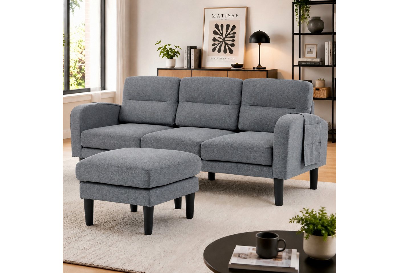 Merax Ecksofa 3-Sitzer Sofa L-Form Couch mit Chaiselongue, 204 × 136 × 80 cm 1 Teile, Modulares Sofa mit Aufbewahrungstasche, Hocker & Armlehnen – Bild 2 von 5