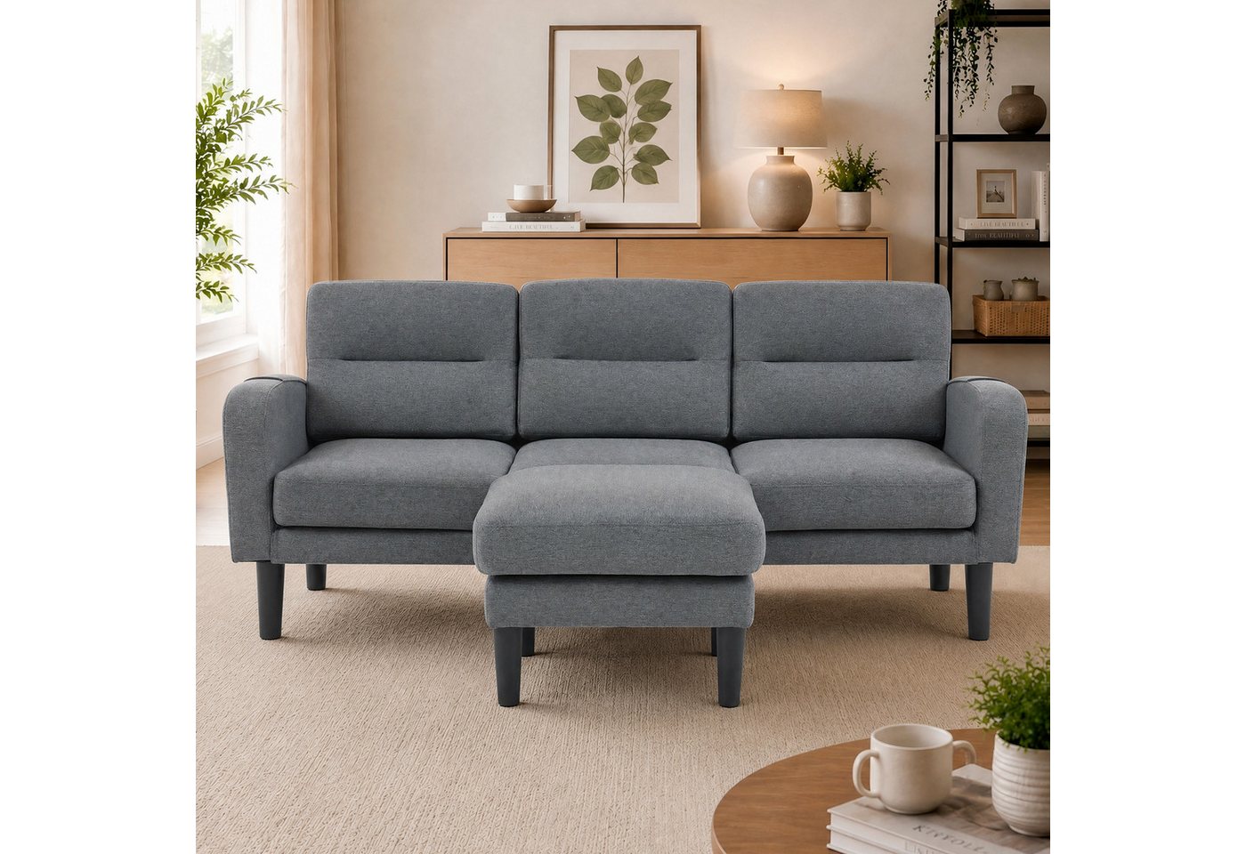 Merax Ecksofa 3-Sitzer Sofa L-Form Couch mit Chaiselongue, 204 × 136 × 80 cm 1 Teile, Modulares Sofa mit Aufbewahrungstasche, Hocker & Armlehnen – Bild 3 von 5