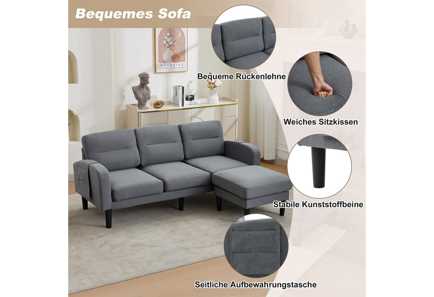 Merax Ecksofa 3-Sitzer Sofa L-Form Couch mit Chaiselongue, 204 × 136 × 80 cm 1 Teile, Modulares Sofa mit Aufbewahrungstasche, Hocker & Armlehnen – Bild 4 von 5