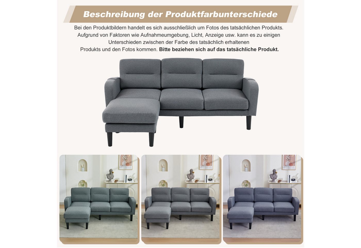 Merax Ecksofa 3-Sitzer Sofa L-Form Couch mit Chaiselongue, 204 × 136 × 80 cm 1 Teile, Modulares Sofa mit Aufbewahrungstasche, Hocker & Armlehnen – Bild 5 von 5