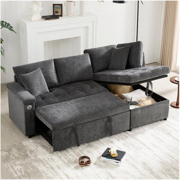 Merax Ecksofa ausziehbares Schlafsofa mit Bettfunktion & USB-Ladeanschluss, Chenille Stoff, 209x130x84 cm 1 Teile, L-Form Sofa mit Armlehnenablage, Getränkehalt
