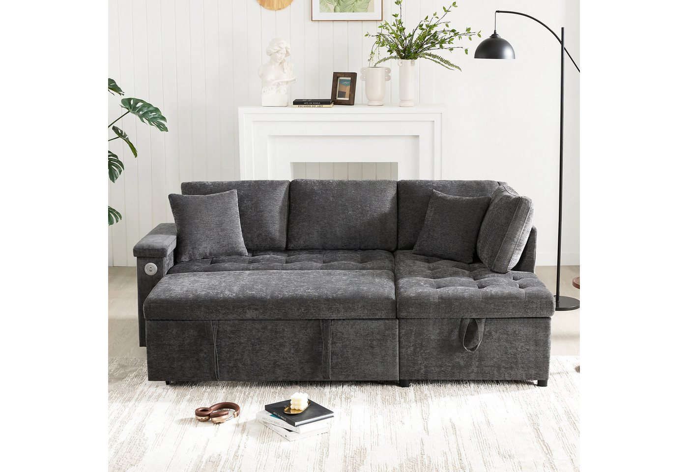 Merax Ecksofa ausziehbares Schlafsofa mit Bettfunktion & USB-Ladeanschluss, Chenille Stoff, 209x130x84 cm 1 Teile, L-Form Sofa mit Armlehnenablage, Getränkehalt – Bild 2 von 5