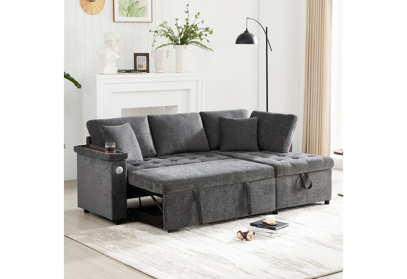 Merax Ecksofa ausziehbares Schlafsofa mit Bettfunktion & USB-Ladeanschluss, Chenille Stoff, 209x130x84 cm 1 Teile, L-Form Sofa mit Armlehnenablage, Getränkehalt – Bild 3 von 5