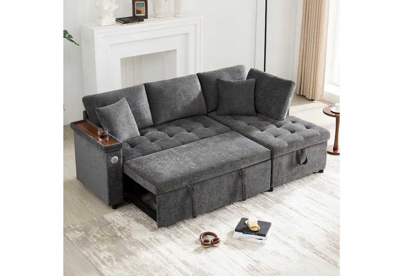Merax Ecksofa ausziehbares Schlafsofa mit Bettfunktion & USB-Ladeanschluss, Chenille Stoff, 209x130x84 cm 1 Teile, L-Form Sofa mit Armlehnenablage, Getränkehalt – Bild 4 von 5