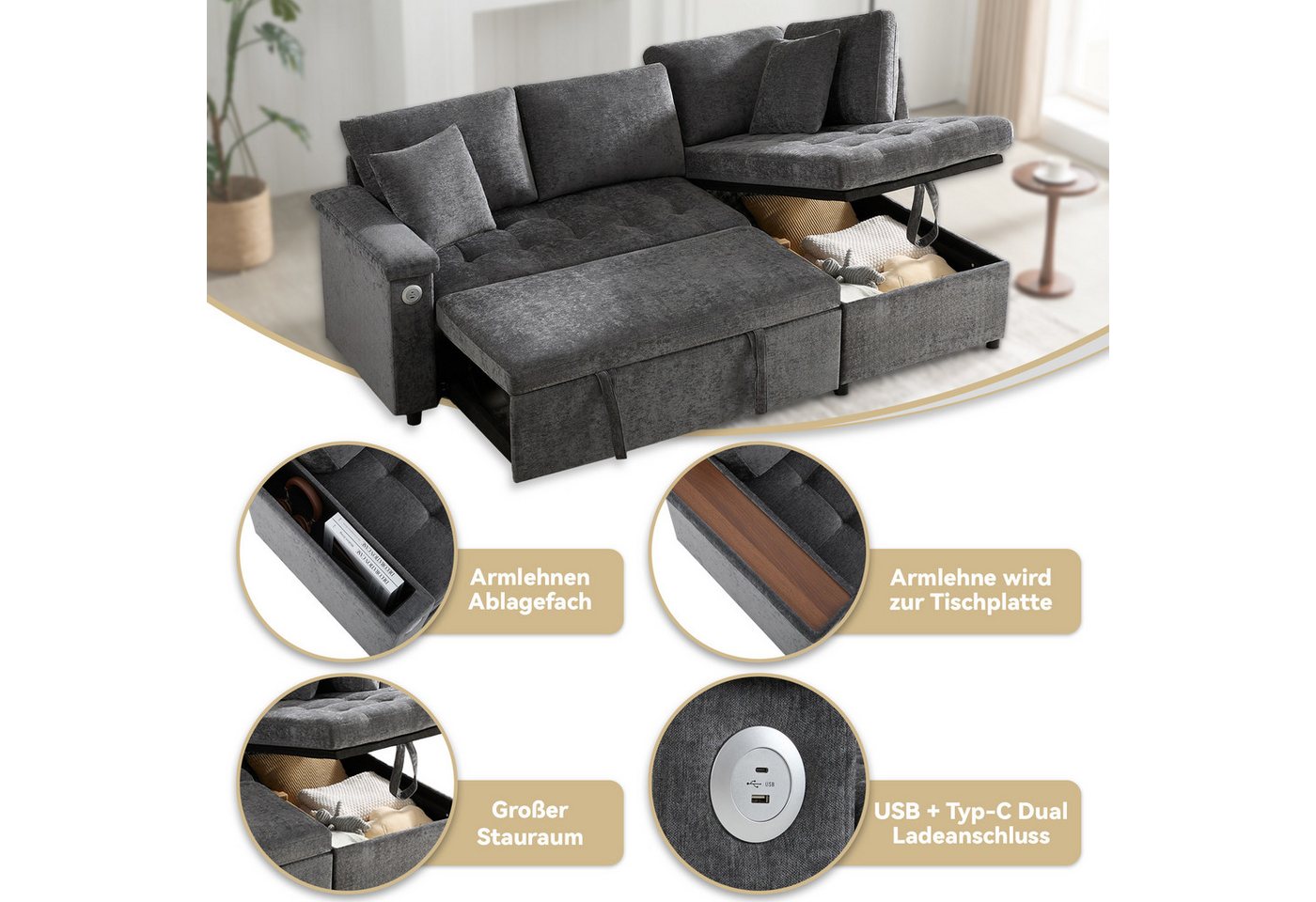 Merax Ecksofa ausziehbares Schlafsofa mit Bettfunktion & USB-Ladeanschluss, Chenille Stoff, 209x130x84 cm 1 Teile, L-Form Sofa mit Armlehnenablage, Getränkehalt – Bild 5 von 5