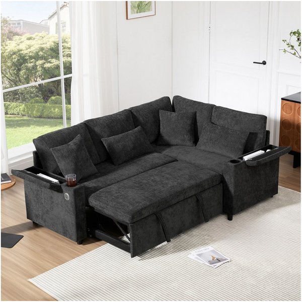 Merax Ecksofa L-förmiges ausziehbares Sofa mit USB-Anschluss, Schlafsofa 1 Teile, mit Stauraum, Getränkehalter, Armlehnenablage & 4 Kissen,Chenille-Samt