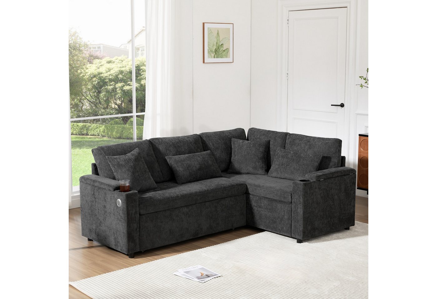 Merax Ecksofa L-förmiges ausziehbares Sofa mit USB-Anschluss, Schlafsofa 1 Teile, mit Stauraum, Getränkehalter, Armlehnenablage & 4 Kissen,Chenille-Samt – Bild 2 von 5