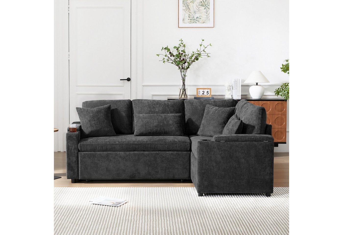 Merax Ecksofa L-förmiges ausziehbares Sofa mit USB-Anschluss, Schlafsofa 1 Teile, mit Stauraum, Getränkehalter, Armlehnenablage & 4 Kissen,Chenille-Samt – Bild 3 von 5