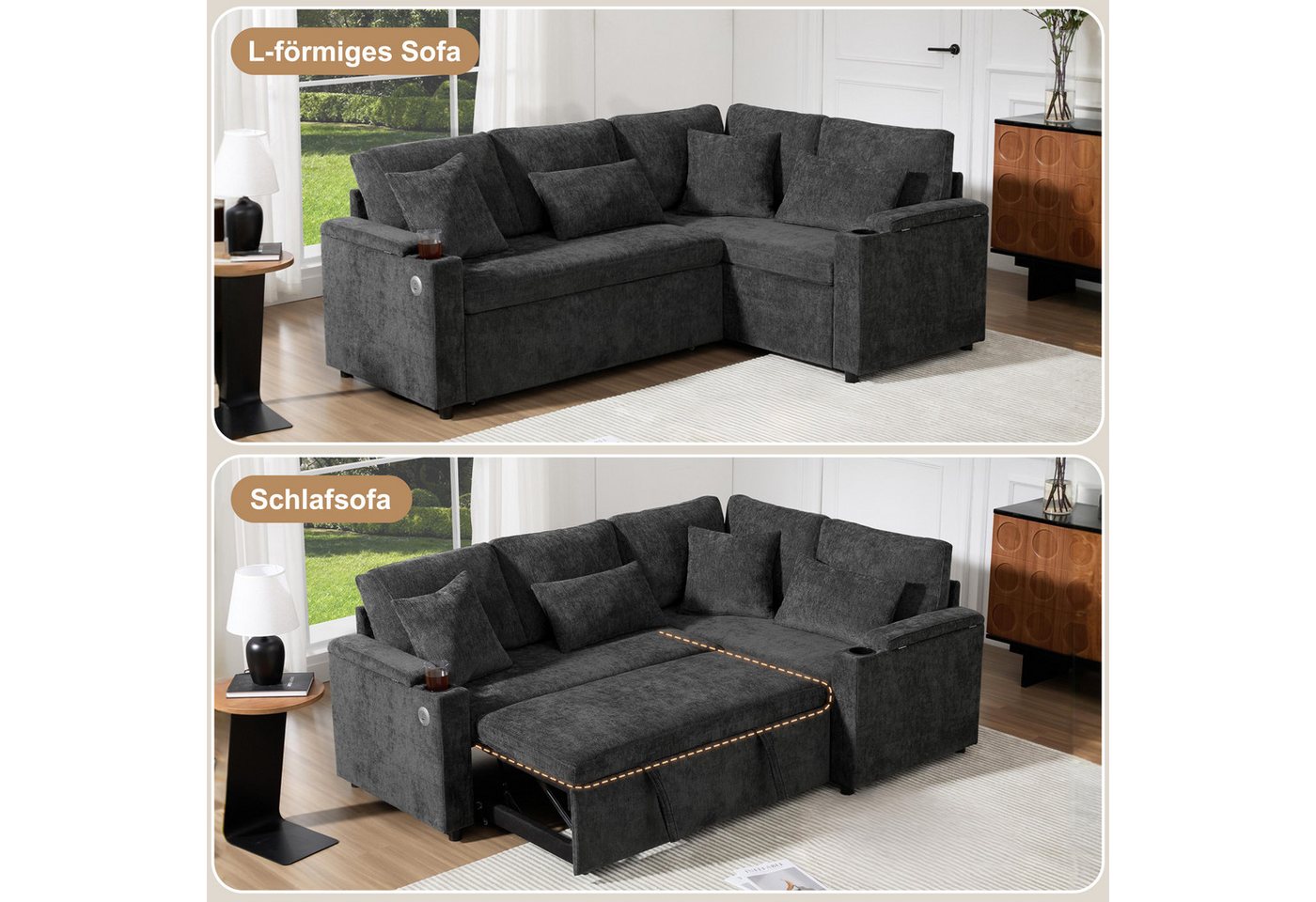 Merax Ecksofa L-förmiges ausziehbares Sofa mit USB-Anschluss, Schlafsofa 1 Teile, mit Stauraum, Getränkehalter, Armlehnenablage & 4 Kissen,Chenille-Samt – Bild 4 von 5