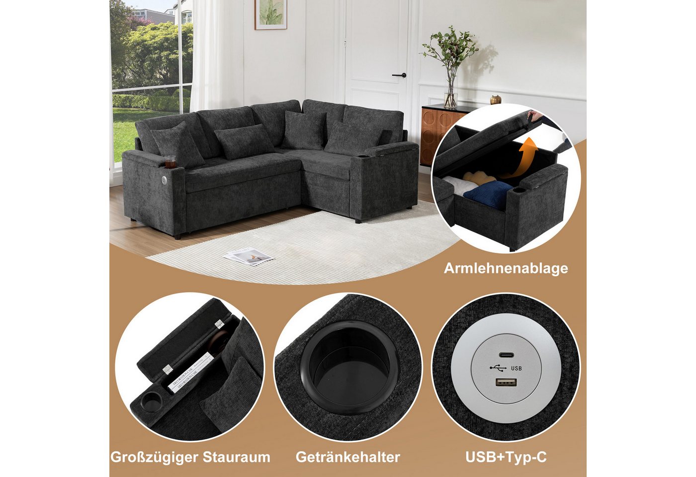 Merax Ecksofa L-förmiges ausziehbares Sofa mit USB-Anschluss, Schlafsofa 1 Teile, mit Stauraum, Getränkehalter, Armlehnenablage & 4 Kissen,Chenille-Samt – Bild 5 von 5