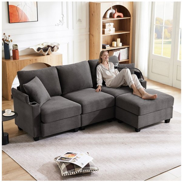 Merax Ecksofa L-förmiges modulares Sofa mit Schlaffunktion, USB und Type C, mit 2 Kissen, geeignet für Wohnzimmer/Büro/Wohnung 1 Teile, L-Form 3-Sitzer-Sofa mit