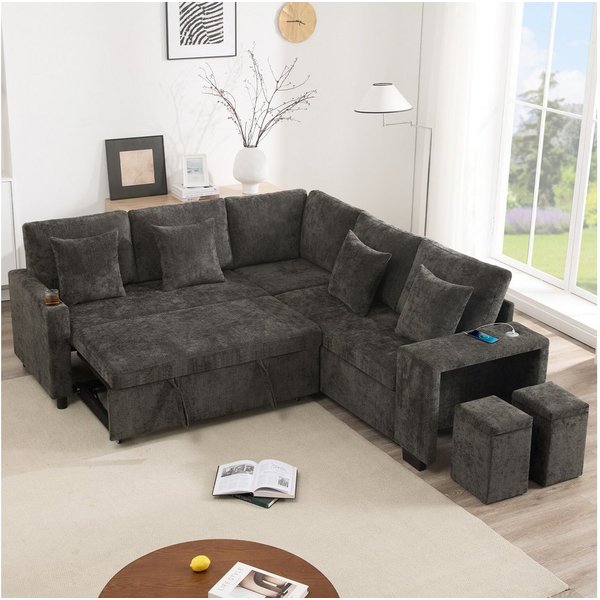Merax Ecksofa L-förmiges Sofa, Umwandelbares Schlasofa mit Schlaffunktion & Stauraum, Ideal für Wohnzimmer und Heimkino 1 Teile, Modular Sofa mit Getränkehalter