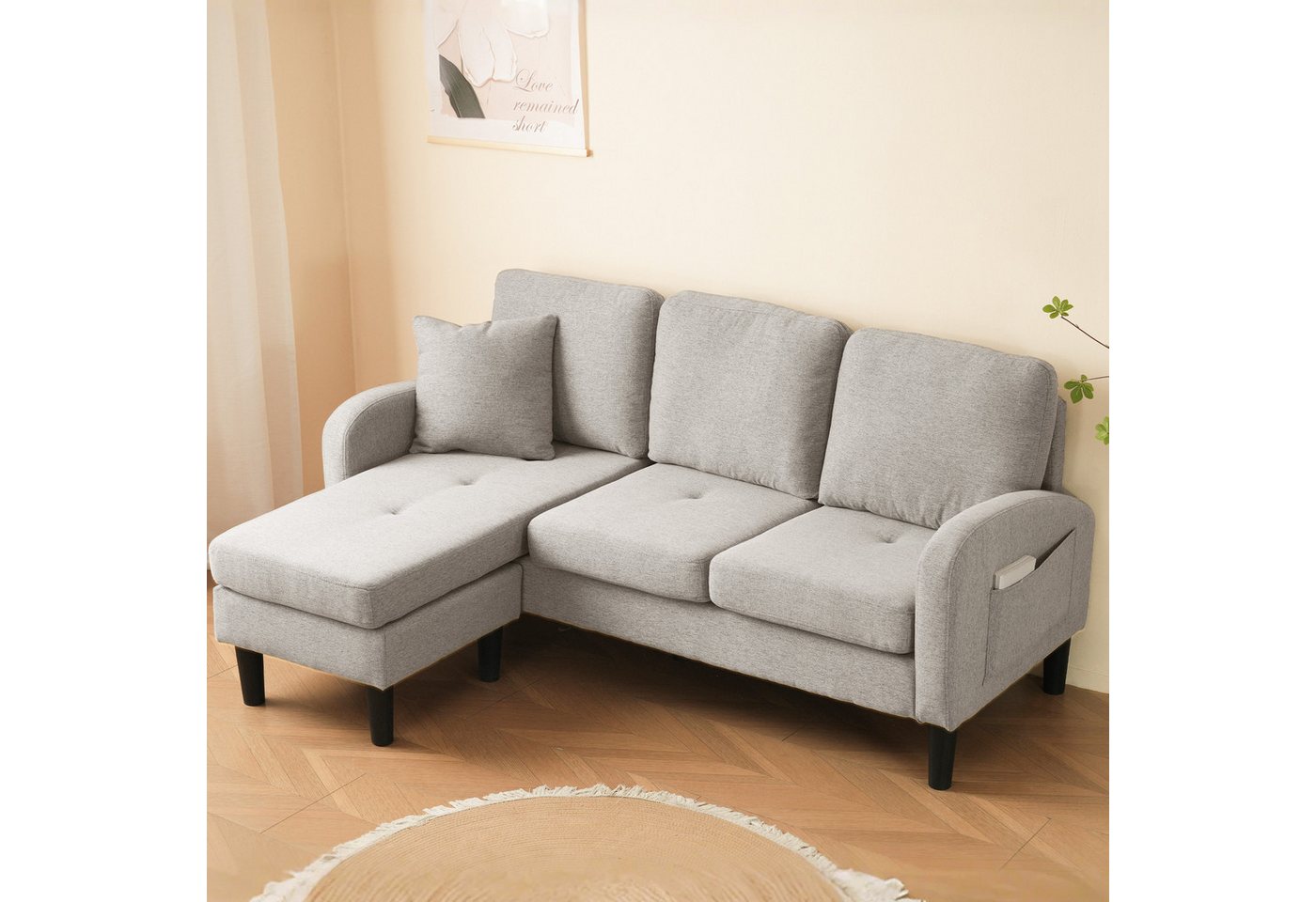 Merax Ecksofa Ecksofa L-förmiges Sofa 3-Sitzer aus Baumwoll-Leinenstoff, Polstersofa modular Sofa mit Chaiselongue, 166x118x77 cm – Bild 4 von 5