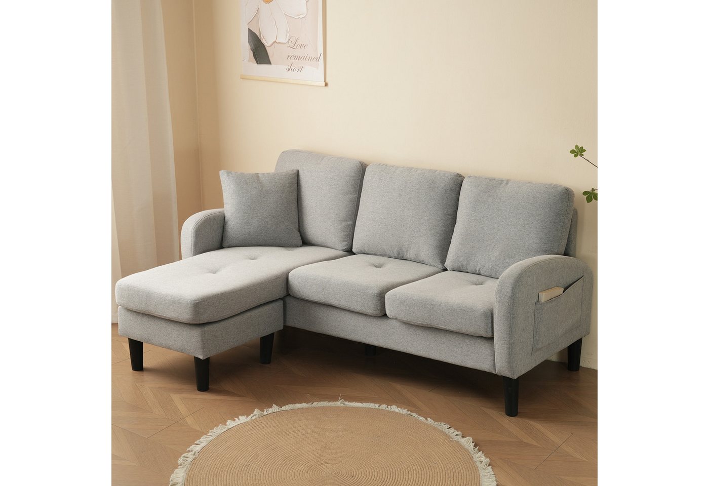 Merax Ecksofa Ecksofa L-förmiges Sofa 3-Sitzer aus Baumwoll-Leinenstoff, Polstersofa modular Sofa mit Chaiselongue, 166x118x77 cm – Bild 3 von 5