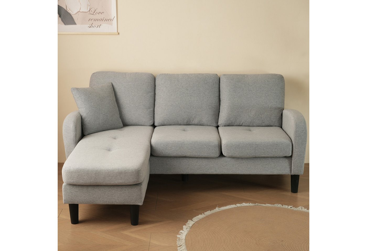 Merax Ecksofa Ecksofa L-förmiges Sofa 3-Sitzer aus Baumwoll-Leinenstoff, Polstersofa modular Sofa mit Chaiselongue, 166x118x77 cm – Bild 4 von 5