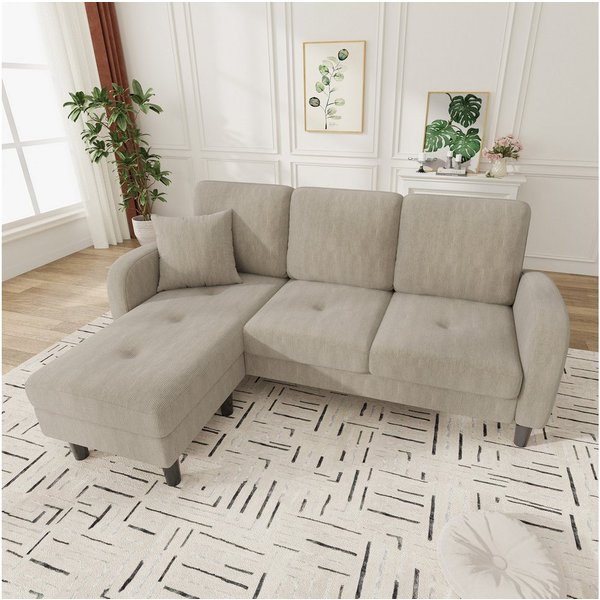 Merax Ecksofa L-förmiges Sofa mit Bettfunktion, Modulares Sofa aus Cordstoff, 1 Teile, 3-Sitzer Sofa mit Chaiselongue, Kissen & Kunststoffbeine, 166x118x77cm