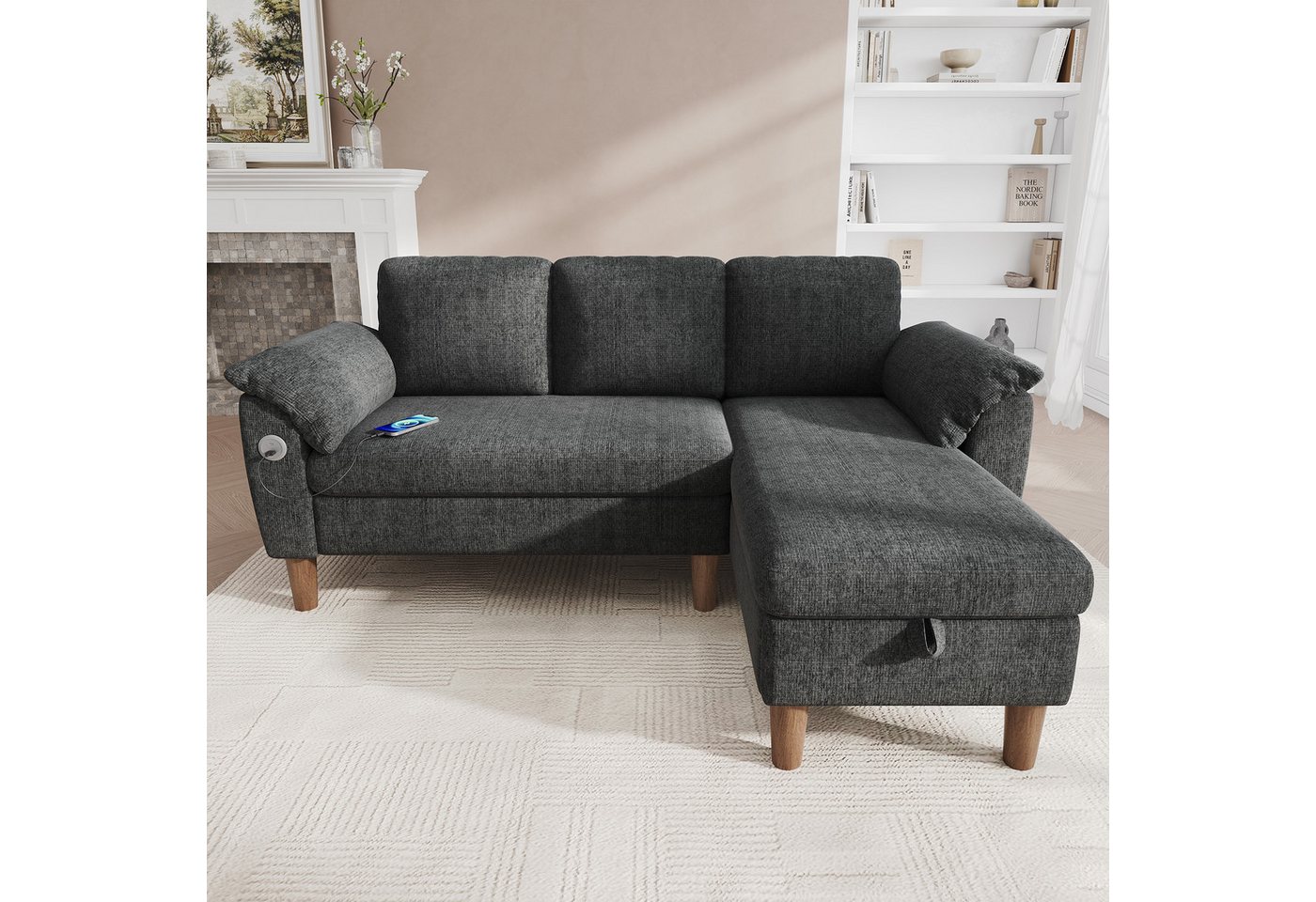 Merax Ecksofa L-förmiges Sofa mit Stauraum-Chaiselongue, links oder rechts montierbar, Couch, Schlafsofa 1 Teile, 3-Sitzer-Sofa mit USB & Type-C Ladeanschluss,  – Bild 2 von 5