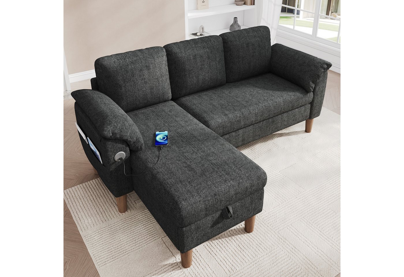 Merax Ecksofa L-förmiges Sofa mit Stauraum-Chaiselongue, links oder rechts montierbar, Couch, Schlafsofa 1 Teile, 3-Sitzer-Sofa mit USB & Type-C Ladeanschluss,  – Bild 3 von 5